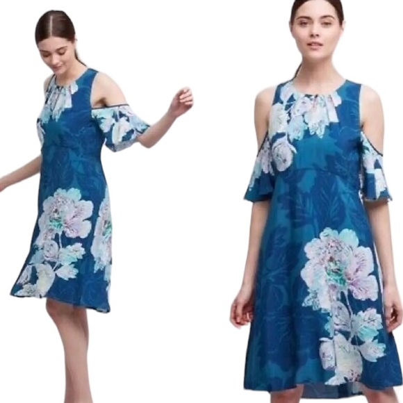 Anthropologie Maeve Ella Blue Floral Cold Shoulder Knee Length Dress size 14 - Picture 2 of 12
